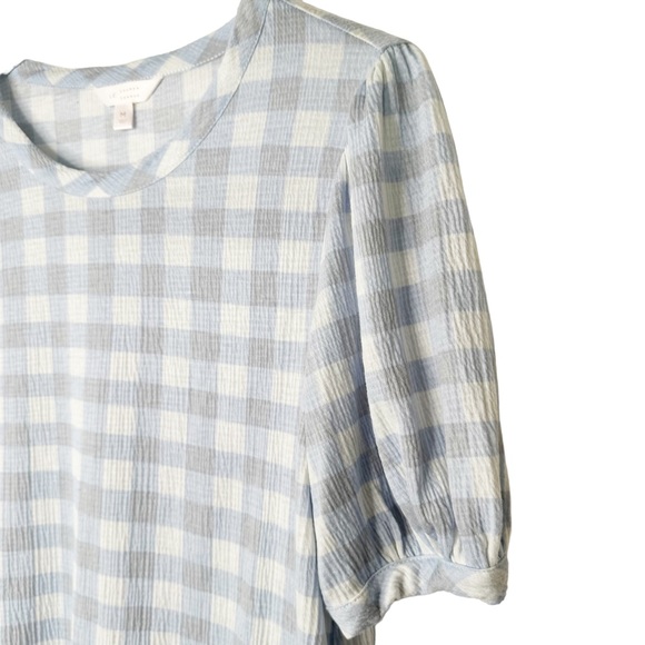 LC Lauren Conrad Sheer Gauze Blue Gingham Short Puff Sleeve Top Size Medium - Picture 2 of 6